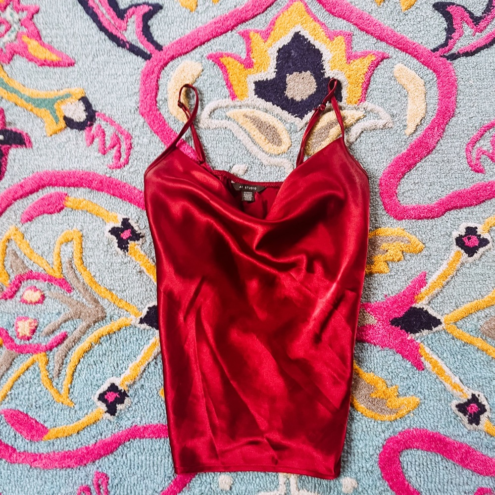 red silky blouse